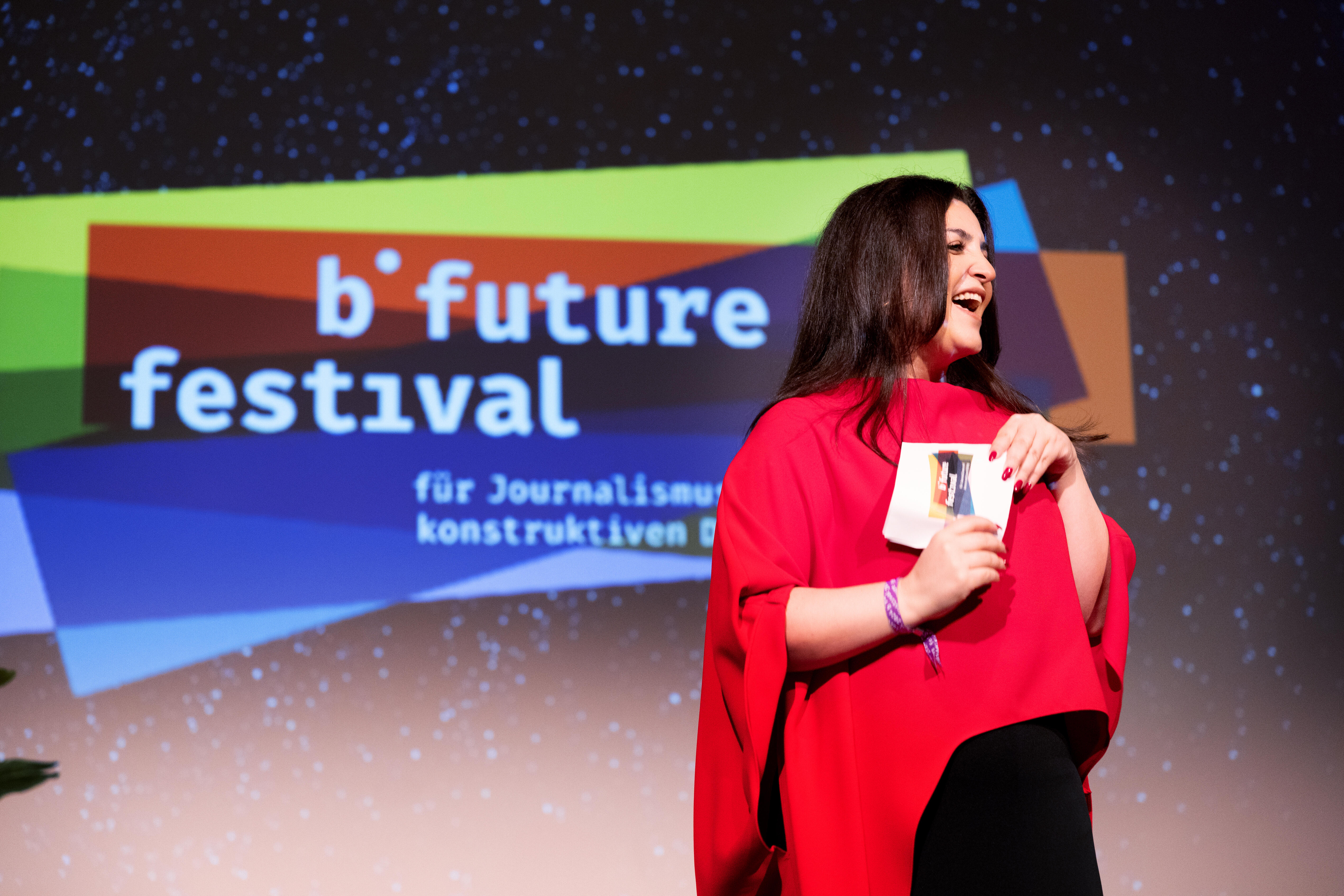 Sham Jaff smiling during her opening speech at b° future 2024